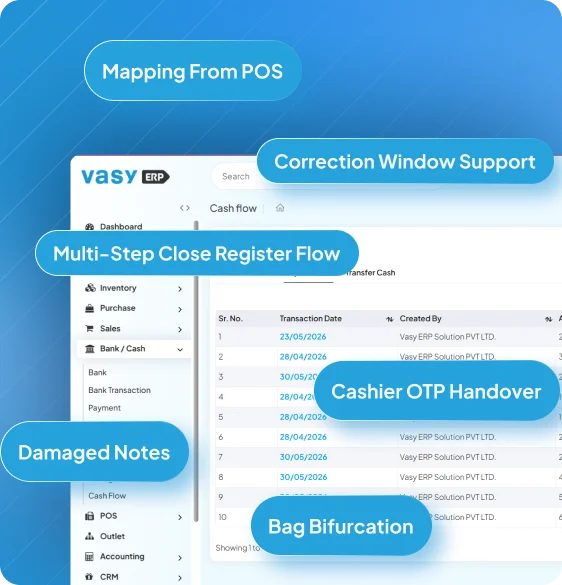 Advanced cash register system with OTP handover and bag serial tracking by Vasy